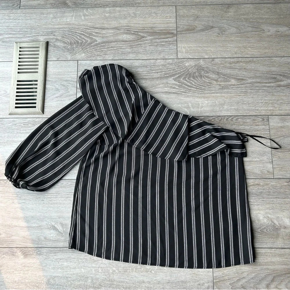 Halogen Pin Stripe One Shoulder Chiffon Blouse - Picture 12 of 14